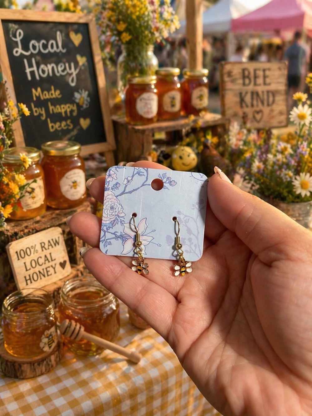 Gold Bee Drop Earrings - White & Yellow Floral Charm